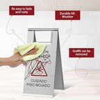 Kigley 2 Pcs Wet Floor Sign, 17 Inch Stainless Steel Caution Wet Floor Sign Double Sided Portable Foldable Bilingual Safety Warning for Hotel Market Restroom Restaurant Office (Silver)
