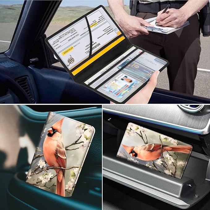 Car Registration and Insurance Holder, Leather Car Glove Box Organizer, Cool Car Accessories for ID, Driver's License Cards & Essential Document,business cards,Men&Women,Birds Sakura