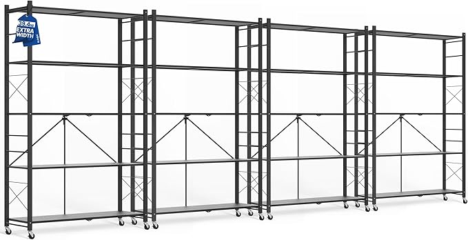 ALANNG 40" W Foldable 5-Tier Storage Shelves with Wheels, Adjustable & Removable Metal Rack, Heavy Duty Rolling Organizer for Kitchen, Garage, Closet, Pantry, and Office (Black,4 Pack)