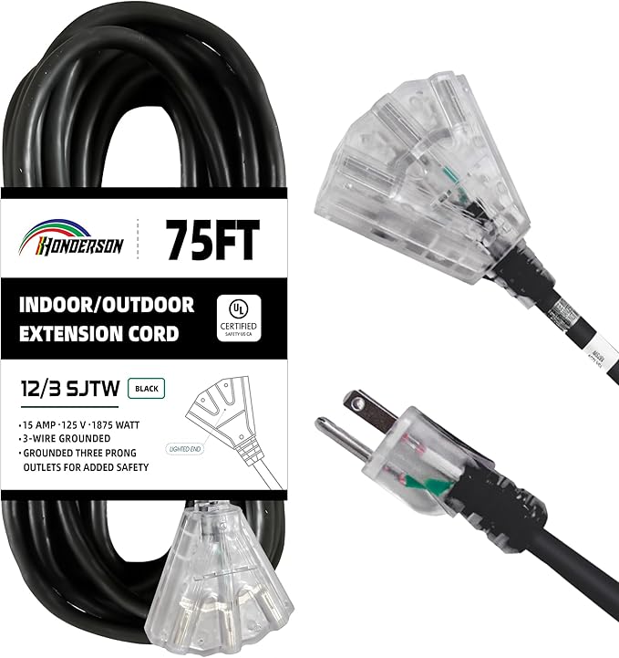 3-Outlets Indoor Outdoor Extension Cord Weatherproof with Lighted End, UL Listed, 12 Gauge 75FT Black 3 Prong Heavy Duty, 12/3 SJTW 15A Power Cord