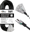 3-Outlets Indoor Outdoor Extension Cord Weatherproof with Lighted End, UL Listed, 12 Gauge 75FT Black 3 Prong Heavy Duty, 12/3 SJTW 15A Power Cord