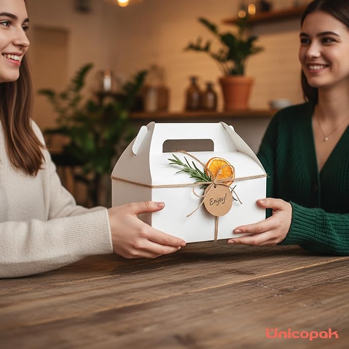 UnicoPak 5 Pack 10x7x7.5 Extra Large Gable Boxes, White Gift Boxes with Handle Lunch Boxes To Go for Birthday Wedding Party Favors Picnic Welcome