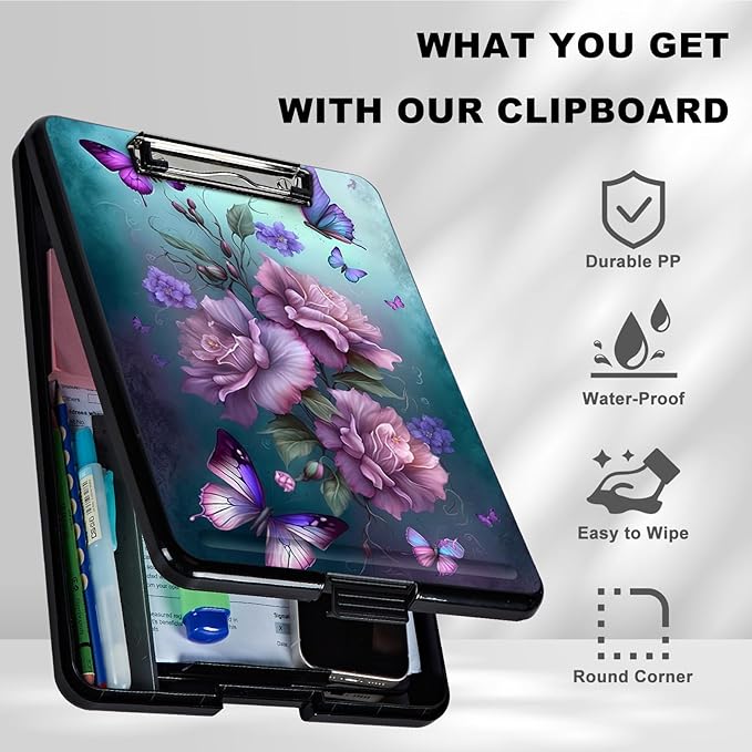 Clipboard with Storage,Plastic Storage Clipboard with Low Profile Clip, Heavy Duty Nursing Clipboards Foldable,Coaches Clipboard Case for Work, Teacher,Office School Supplies,Pink Butterfly Flower