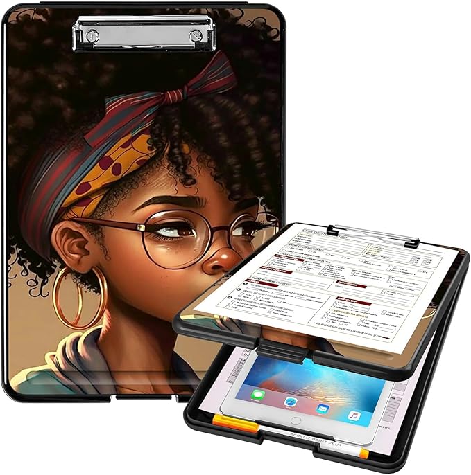 A4 Clipboards,Heavy Duty Waterproof Nursing Plastic Folder Clipboard with Storage Clip Boards,File Folder Storage Box Clipboard Case for Teacher,Doctor,Offices,Black African American