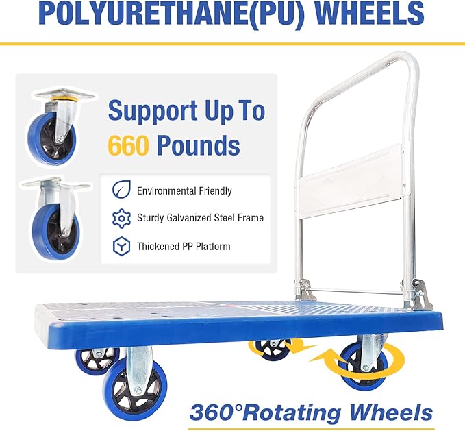 Foldable Push Cart Dolly 660 lbs, Capacity Heavy Duty Moving Platform Trucks Hand Cart with 360° Swivel Wheels for Home Garden Warehouse Garage Workshops