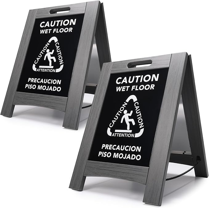 Premium Outdoor Composite Caution Wet Floor Sign – Bilingual w/Non-Skid Plastic Feet, Black Plate – For Hotels, Schools, Offices, Areas, Restrooms, Pool Decks - Grey (2 Pack)