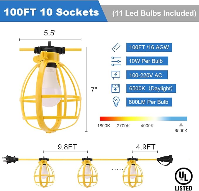 100FT Construction String Lights with Outdoor Extension Cord Safety Cover, 100W 11 Bulbs Work Lights, IP65 Waterproof, 8000LM 6500K Temporary Lighting for Workshop, Mine cave, Job Site