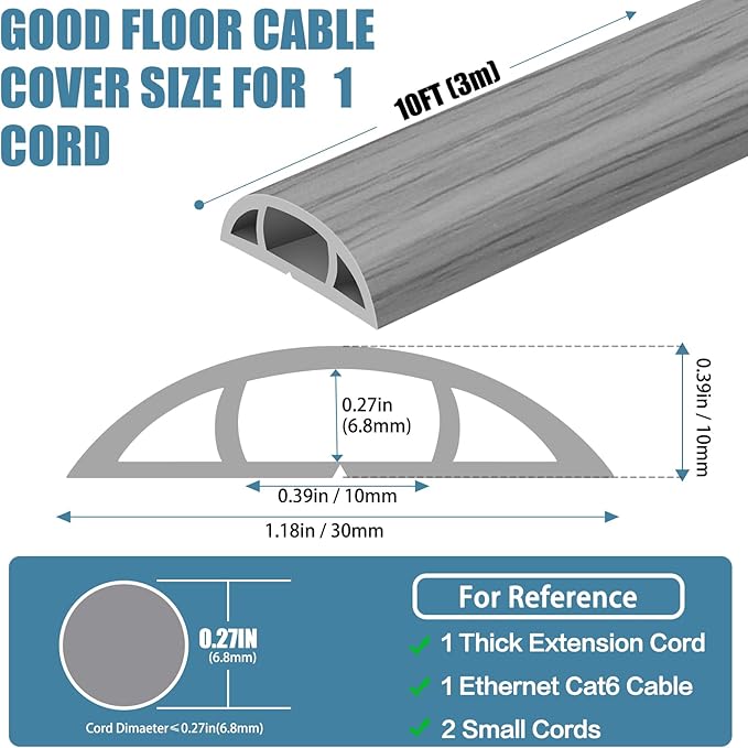 Floor Cord Covers for Wires 10FT Cable Hider Wire Cover Self Adhesive Cord Hider Floor for Offices, Homes, Workshops, Warehouses Cable Cavity 0.39" W x 0.27" H