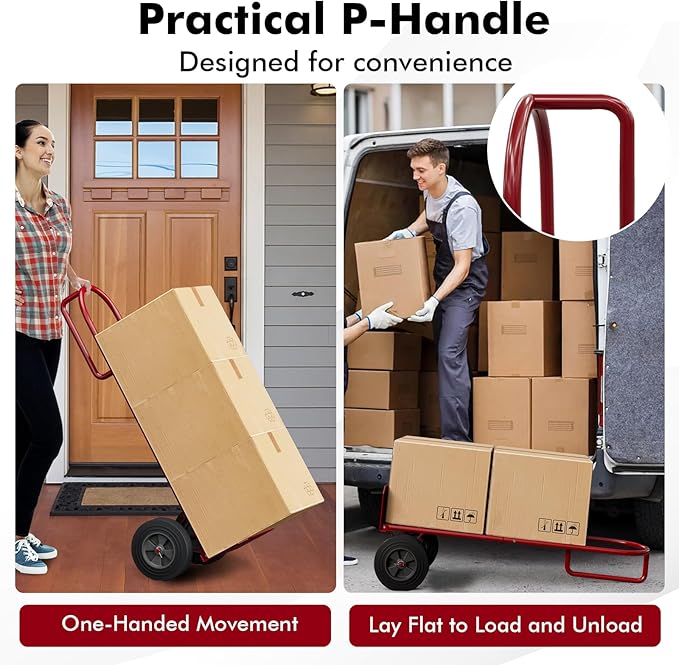 Goplus Hand Truck, P-Handle Hand Truck Dolly with Vertical Loop Handle, 10” Wheels, 15” x 9” Foldable Nose Plate, 660 LBS Capacity, Heavy Duty Metal Dolly Cart for Lifting, Moving, Delivery, Stairs