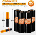 Black Stretch Film Shrink Wrap for Moving Supplies (15inch, 4 Pack) x 1000ft, Industrial Strength Plastic Wrap Stretch Roll for Pallet Wrapping Shipping Moving Boxes Storage Furniture with Handles