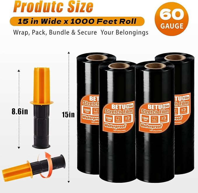 Black Stretch Film Shrink Wrap for Moving Supplies (15inch, 4 Pack) x 1000ft, Industrial Strength Plastic Wrap Stretch Roll for Pallet Wrapping Shipping Moving Boxes Storage Furniture with Handles
