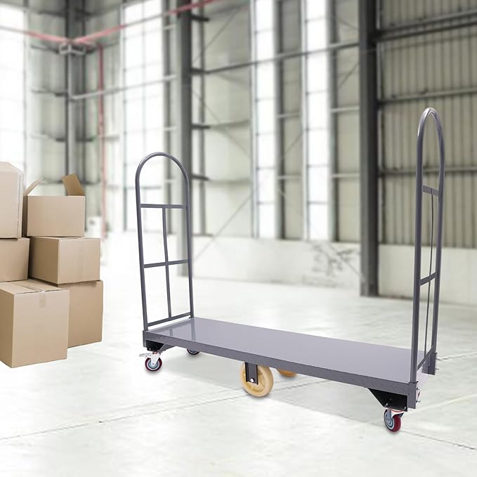 Gray Heavy Duty U-Boat Platform Truck Cart - 2000LBS Capacity 15.7x64.6in Steel Flatbed with 6 Casters, Foot Brake & Removable Handles for Warehouse/Storage Room