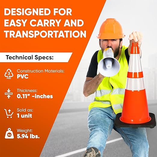 Pyle Traffic Cones, 8-Pack PVC with Heavy-Duty Base, 28" High-Visibility Safety Cones with Stackable Design for Parking, Roadwork, Construction Zones, Sports Training & Outdoor Weather-Resistant Use