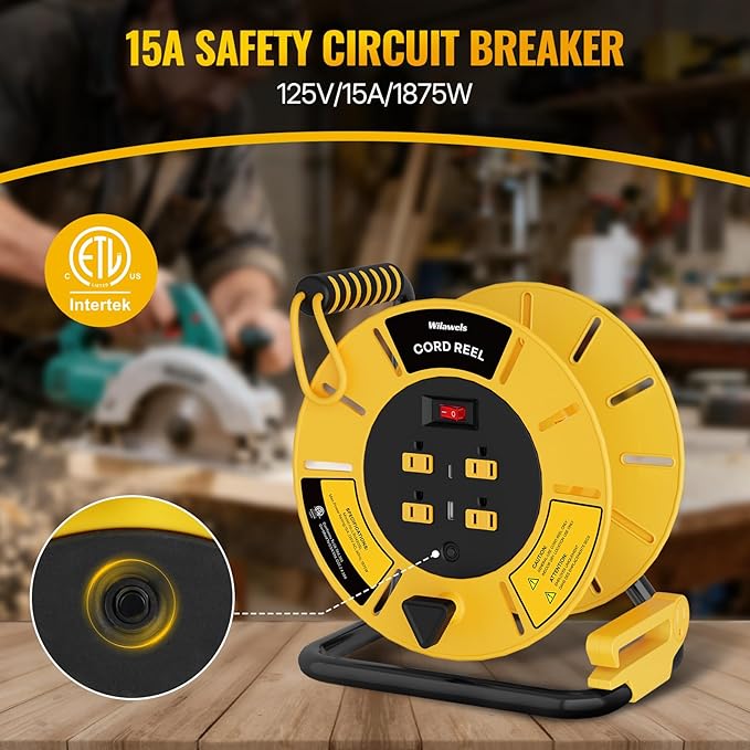 Extension Cord Storage Reel with 4-Grounded Outlet & 2 USB Port, 15A Circuit Breaker, Heavy Duty Open Cord Reel for 12/3,14/3 Gauge Power Cord, Hand Wind Retractable,ETL Listed Yellow Y85CR06