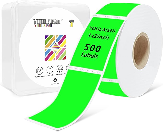 1x2 inch Label Stickers Roll for Thermal Printer 500PCS Colored Removable Freezer Labels Waterproof Blank Sticker Labels to Write on for Food Containers and Jars, Fluorescent Green