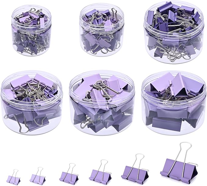 Temiary 208 Pcs Metal Binder Clips, Assorted Sizes Extra Large, Large, Medium, Small, Mini, Micro Binder Paperwork Clip, Morandi Colored Paper Clamps Bulk for Office, Home, School (Purple)