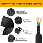 Heat Shrink Braided Sleeving 2:1 Shrinkable Fabric Cable Sheathing Wire Tubing Management Abrasion Protectors Flexibility 3/4" ID-24FT