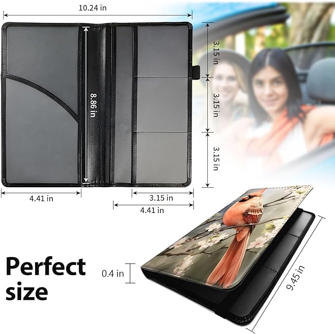 Car Registration and Insurance Holder, Leather Car Glove Box Organizer, Cool Car Accessories for ID, Driver's License Cards & Essential Document,business cards,Men&Women,Birds Sakura