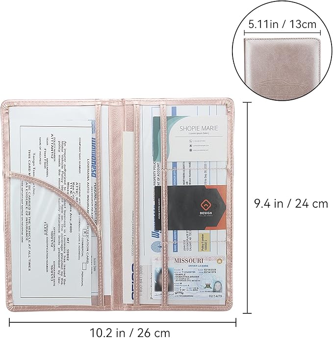 Car Registration and Insurance Holder, Premium Pu Leather Vehicle Glove Box Organizer - for Driver License, Cards & Essential Documents (L-Rose Gold)