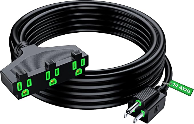 Extension Cord 25 Feet, SJTW Extension Cord with Multiple Outlets, 14 Gauge (Black) ETL Listed