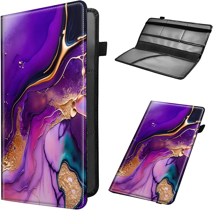Car Registration and Insurance Holder, Leather Car Glove Box Organizer, Cool Car Accessories for ID, Driver's License Cards & Essential Document,business cards,Men&Womenpurple and gold Marble