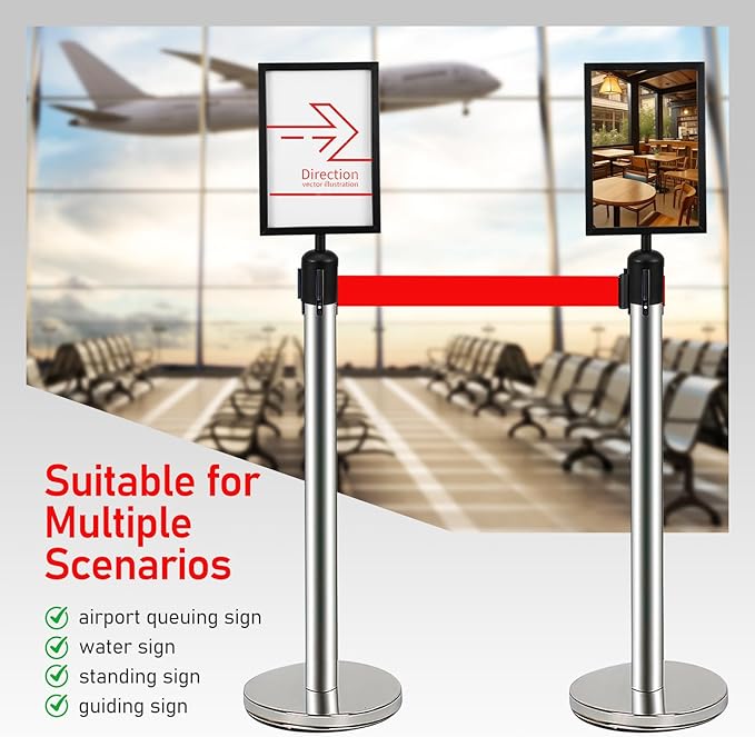 VICASKY Stanchion Sign Holder Queue Barrier Crowd Control Barriers Retractable Rope Supermarket Entrance Security Tape Belt Steel Ropes Heavy Duty Stanchions Holder Stainless Frame Stand