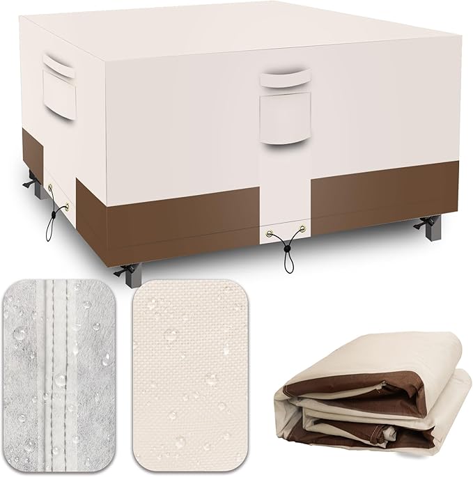 Square Heavy Duty Patio Table Covers Waterproof, 600D Outdoor Dining Table and Chair Set Covers, Outdoor Furniture Cover Waterproof for Sectional Sofa Couch 98''L x 98''W x 32''H, Beige Brown