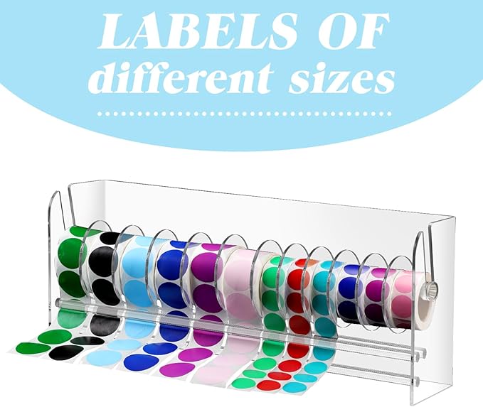 Qilery Adjustable Label Dispenser Acrylic Roll Sticker Dispenser Sticker Holder Organizer Label Stand for Holding Office and Home(12 Disks)