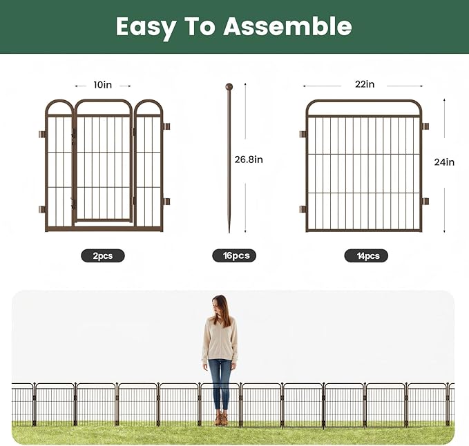 24 in(H) Decorative Garden Fence Outdoor for Yard with Gates,Heavy Duty Iron 16 Panels Total 29.4ft(L) Anti Dig Fence with Gravity Automatic Lock for Indoor/Outdoor Decorative Dog Fence,Brown