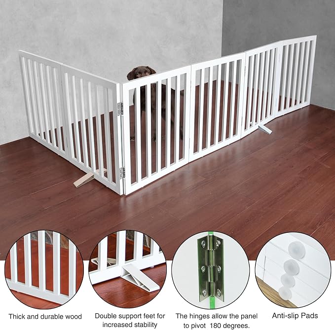 ZJSF Freestanding Indoor Dog Gate for House Foldable Wood White Puppy Gate for Doorways Pet Gate for Stairs Extra Wide Pet Fence 24" Height 6 Panels