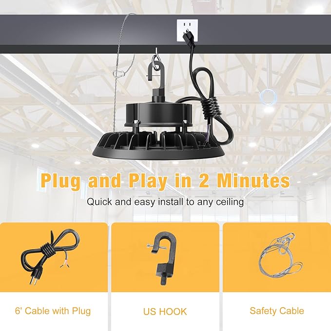UFO LED High Bay Light 100W, High Bay LED Lights 14,000LM 0-10V Dimmable, 6' Cable with US Plug, Hanging Hook, Safe Rope, ETL Listed LED High Bay Light for Warehouse Factory Barn Shop