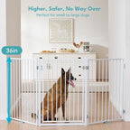 No Pawblems Free Standing Dog Gate with Door, 36'' Tall Foldable Dog Fence for Indoor & Outdoor, Up to 104 Inch Extra Wide Puppy Gate for Stairs, Hallways, Doorways, Deck, Yard (White, 4 Panels)