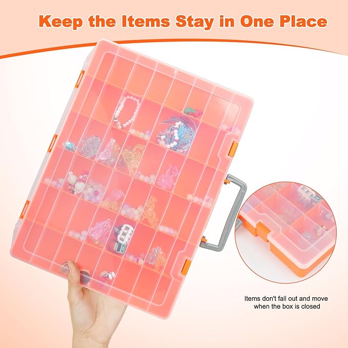 Bluedale 2 Pack 48 Grids Large Plastic Organizer Box with Adjustable Dividers, Beads Storage Containers Compartment Tackle Box Case for Crafts Hobby Small Parts Fishing Seeds Jewelry (Orange)