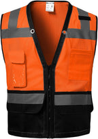 Reflective Safety vest With back plan pocket,High visibility Class 2 Heavy Duty Surveyor Vest with Zipper,Hi Vis Construction Work Vest for Men＆Women ANSI/ISEA(Orange-Bottom,5XL)