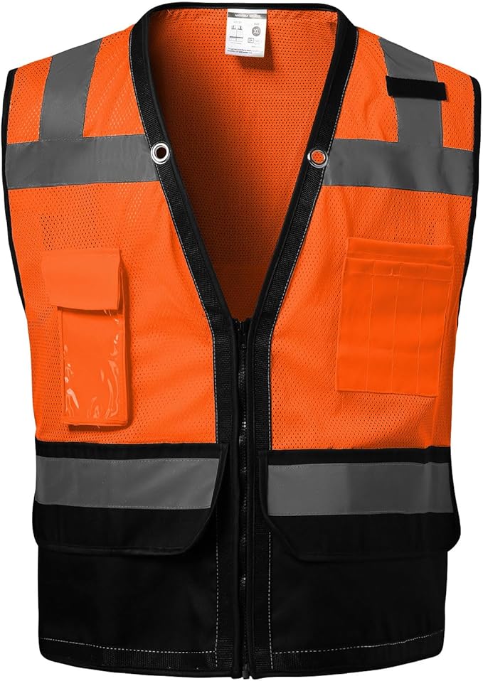 Reflective Safety vest With back plan pocket,High visibility Class 2 Heavy Duty Surveyor Vest with Zipper,Hi Vis Construction Work Vest for Men＆Women ANSI/ISEA(Orange-Bottom,3XL)