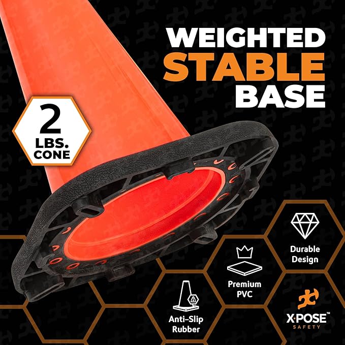 Xpose Safety 12 Inch Orange Traffic Cones, 48-Pack - Multipurpose PVC Plastic Safety Cone for Parking, Soccer, Caution, Kids and Construction - DOT Approved