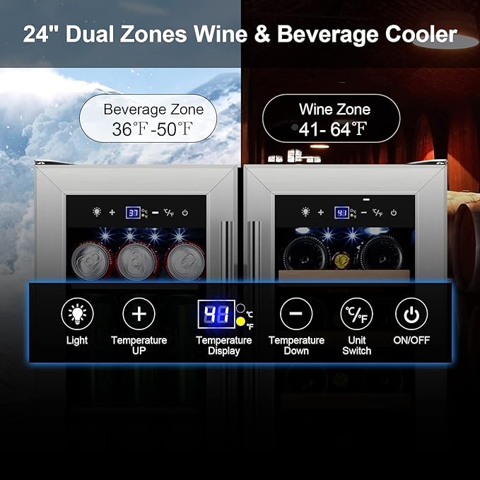 Tylza Wine and Beverage Refrigerator, 24 Inch Dual Zone Wine Fridge, Holds 20 Bottles and 88 Cans, French Doors, Lock, Under-counter or Freestanding Wine Cooler, Beverage Fridge with Tempered Glass
