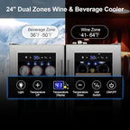Tylza Wine and Beverage Refrigerator, 24 Inch Dual Zone Wine Fridge, Holds 20 Bottles and 88 Cans, French Doors, Lock, Under-counter or Freestanding Wine Cooler, Beverage Fridge with Tempered Glass