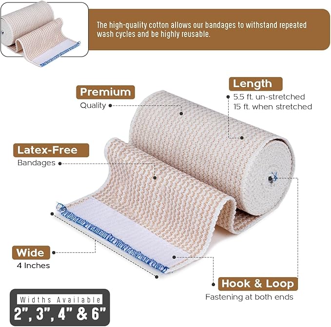 Premium Elastic Bandage Wrap (4” Wide, 2 Pack) - Nexskin Latex Free Athletic/Medical Compression Bandages Hook & Loop Fasteners at Both Ends - Lifetime Washable & Reusable Bandages