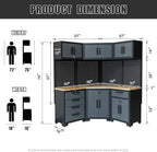 Garage Storage Cabinet System 8-Pcs Garage Cabinets and Storage System Corner Workshop Set with Corner Cabinet, Cabinet Drawers, Workbench, Pegboard for Tool Organization, Black and Grey