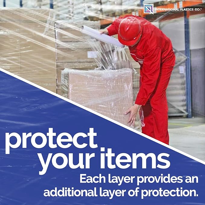 International Plastics Co. 18" Stretch Film/Wrap 1500 feet 7 Layers 80 Gauge Industrial Strength up to 800% Stretch 20 Microns Adhering Packing Moving Heavy Duty (Clear, 1 Pack - Tension Handles)