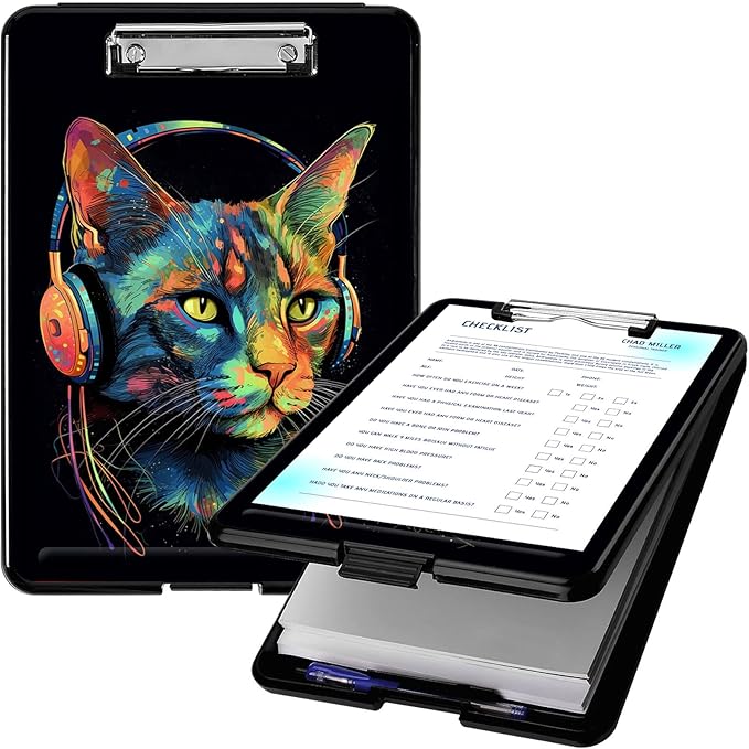 Clipboard with Storage, High Capacity Plastic Storage Clipboard with Low Profile Clip for Women Teachers Work, School & Office Supplies, Cute Pattern Decorative Clipboards, Headset Cat