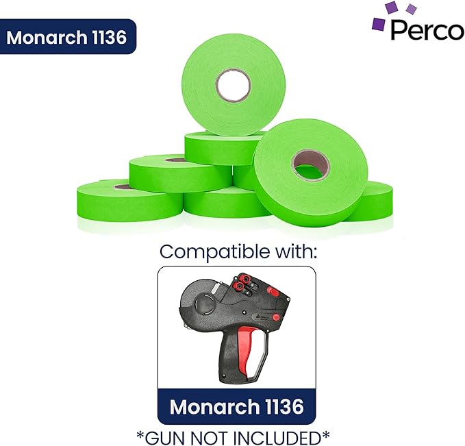 Perco Fluorescent Green 2 Line Pricing Labels - 8 Sleeves, 64 Rolls (112,000 Labels) - Monarch 1136 Compatible - Includes 8 Free Ink Rolls