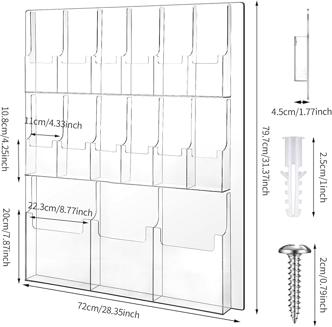 Weysat Acrylic Brochure Holder Wall Mount, Clear Plastic Pamphlet Holder Magazine Display Trifold Flyer Rack Hanging Literature Storage Organizer(3 Magazine Pockets, 12 Pamphlet Pockets)