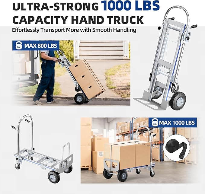 Hand Trucks Heavy Duty Aluminum Dolly Cart, 3 in 1 Design 1000 Lbs Capacity with Solid Wheels - Foldable, Portable, Ergonomic Handle, Perfect for Construction, Warehouses, Factories, Indoor & Outdoor
