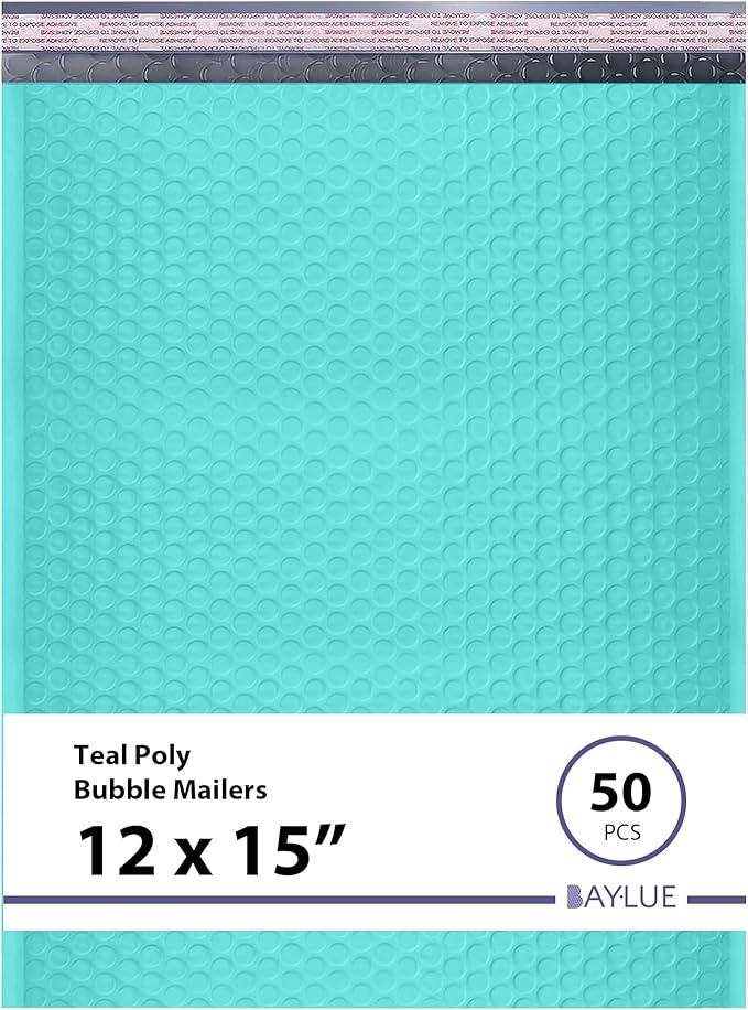 Teal Large Poly Bubble Mailers 12x15 inch | Self Seal Padded Envelopes Cushioned Bubble Mailer | Usable Size 12x15 | WaterProof | Lightweight mailing Shipping Bags | 50 Pack Bulk