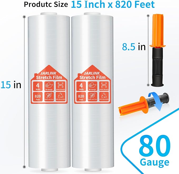 JARLINK Stretch Film, 80 Gauge,15 Inch x 820 Feet Shrink Wrap for Pallet Wrap, Industrial Strength Stretch Wrap up to 800% Stretch with Handles, Moving Wrapping Plastic Roll, 4 Pack