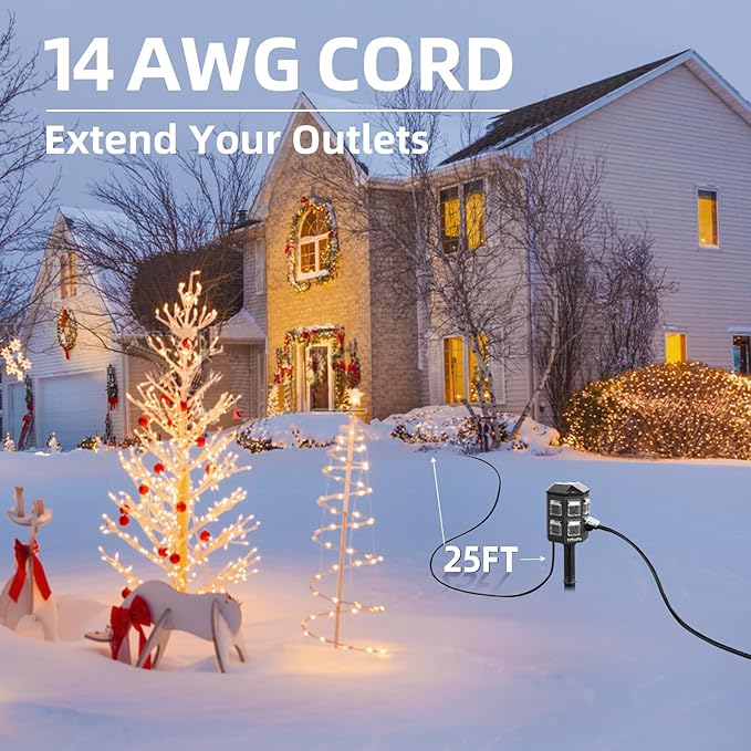 TiFFCOFiO Outdoor Power Strip with 25FT Extension Cord, Remote Control Dusk to Dawn Light Timer Waterproof, 6 Grounded Outlets for Halloween Inflatables and Decorations, ETL Listed