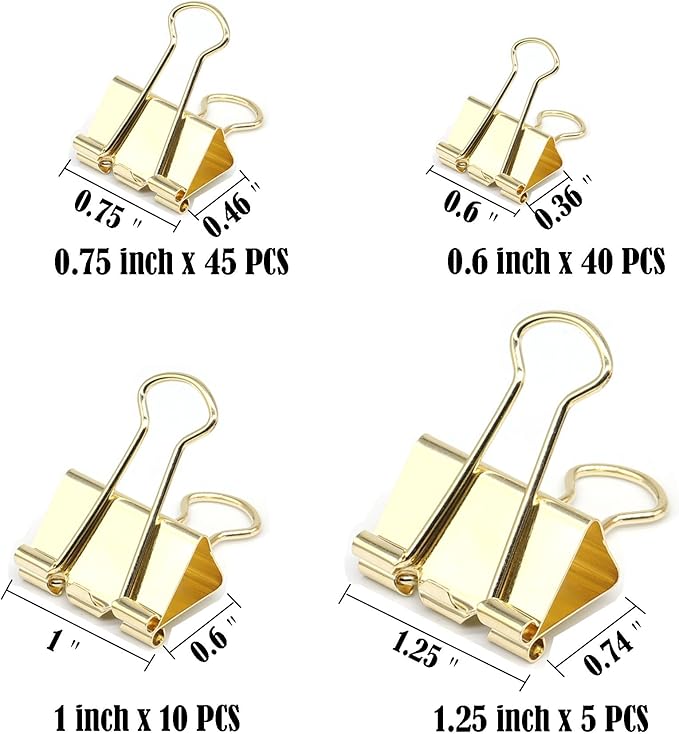 Gold Binder Clip, Paper Binder Clips, Paper Clamps Assorted Sizes, (Large, Medium, Small, X-Small) Paperclips for Office School, 100 Pack (New Version)