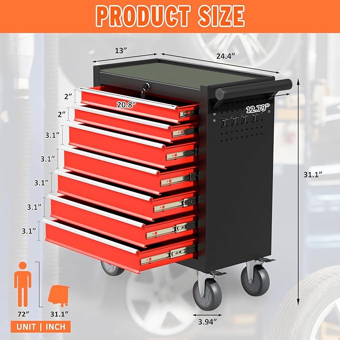 7 Drawers Rolling Tool Chest with Wheels, Metal Tool Box with Drawers, Large Capacity Tool Storage Cabinet with Keyed Locking, Tool Organizer Box for Garage, Workshop, Warehouse, Black Red
